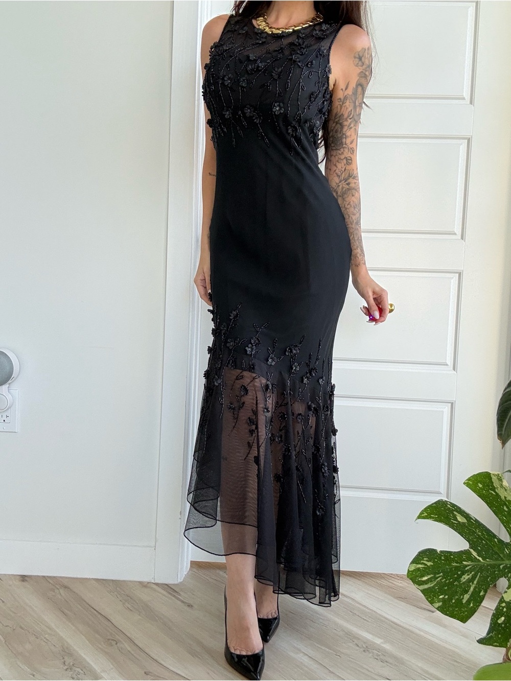Rare Cache whimsical Fairy Beaded Floral Aplique Asymmetrical Maxi Silk Dress - Picture 2 of 8